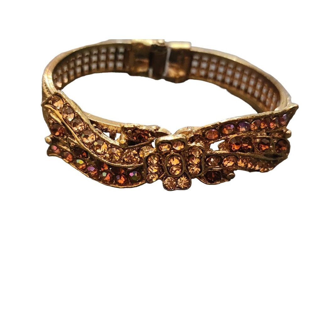 Unsigned Vintage 2 Tone Rhinestone Bow Clamper Bracelet (A4821)